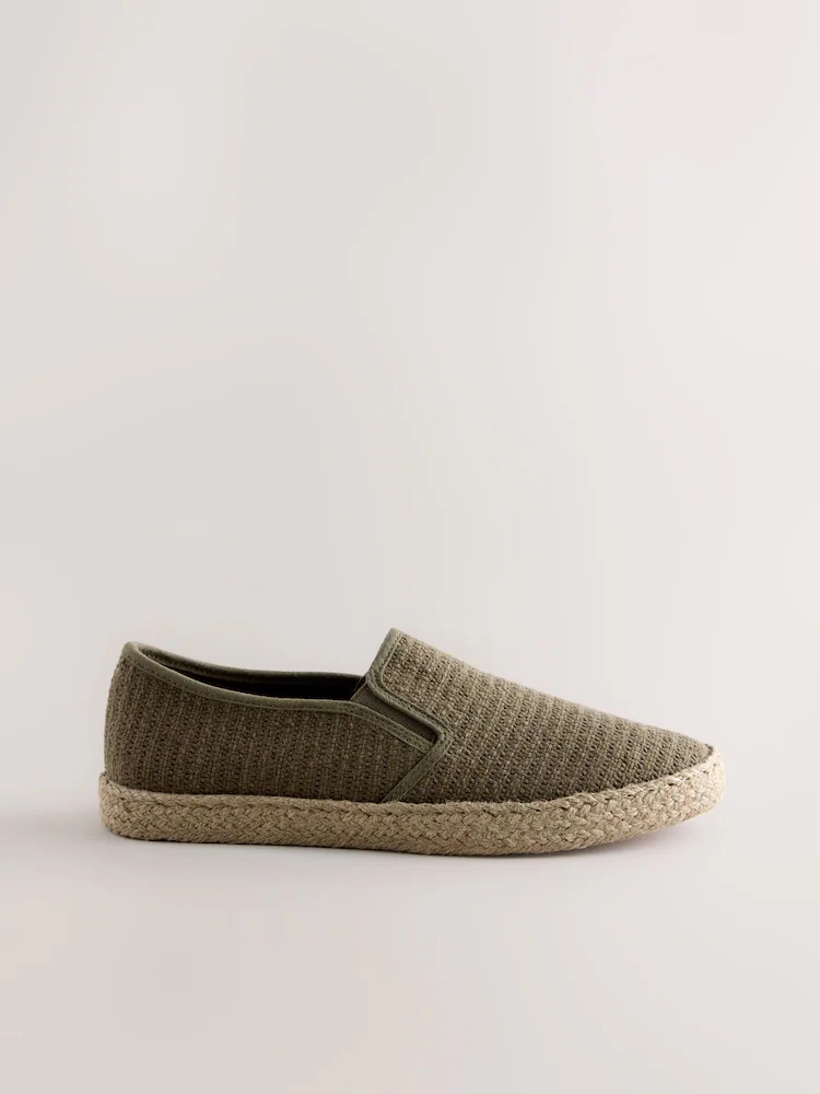 Khaki Green Textured Slip On Espadrilles