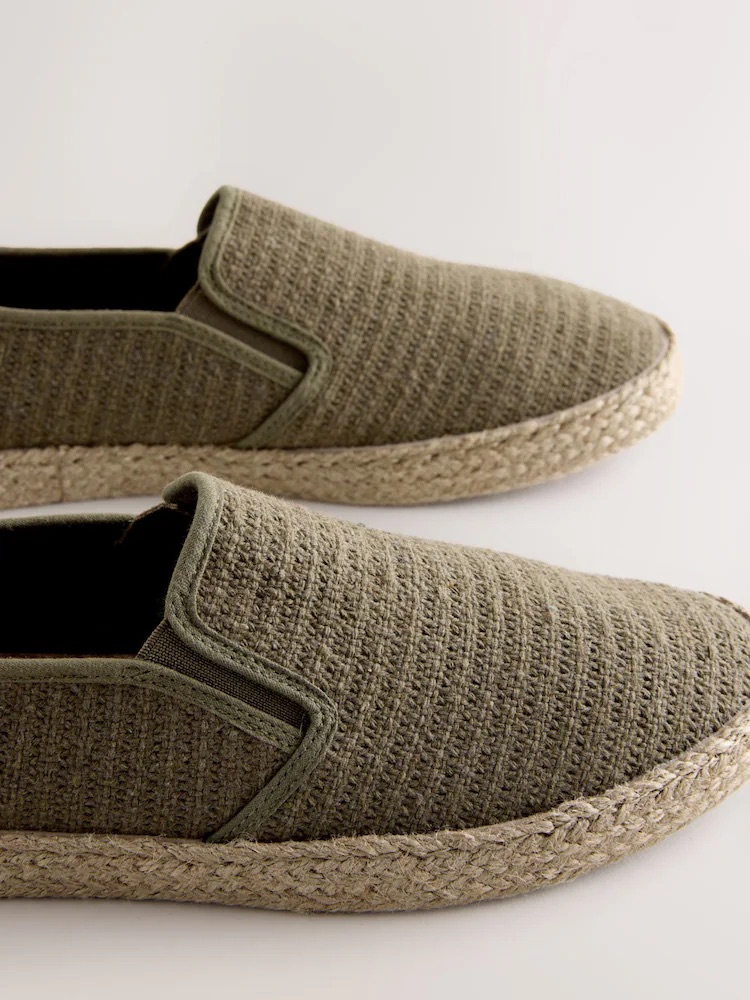 Khaki Green Textured Slip On Espadrilles
