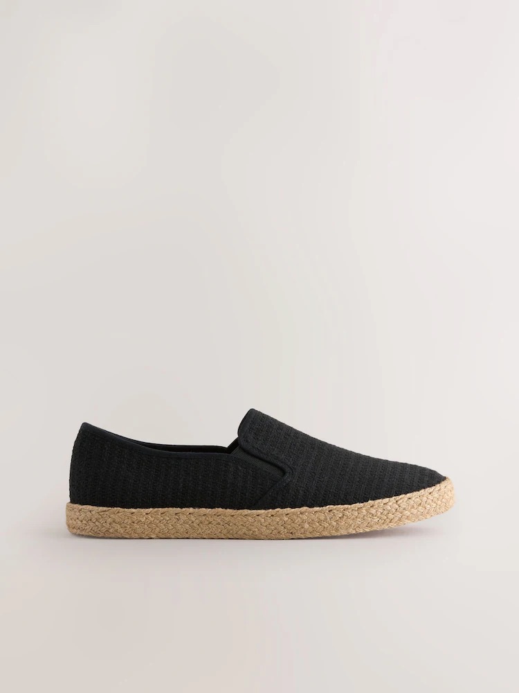 Black Textured Slip On Espadrilles