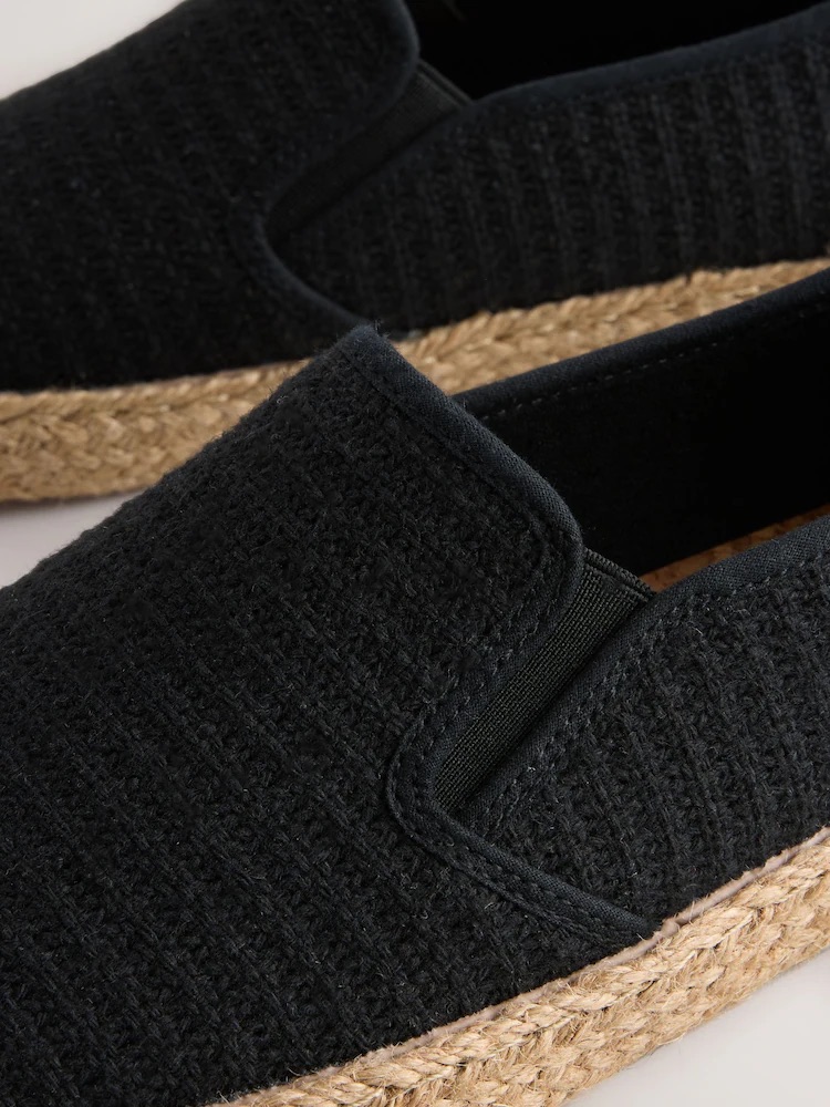 Black Textured Slip On Espadrilles